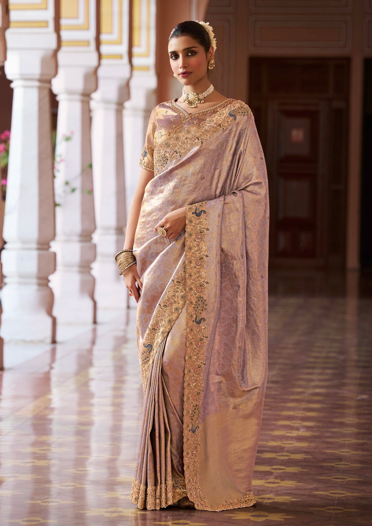 Lavender Gold Floral Border Silk Saree