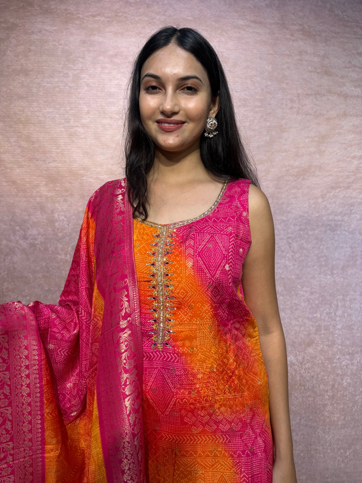 Vibrant Pink & Orange Bandhej Kurta Set with Dupatta