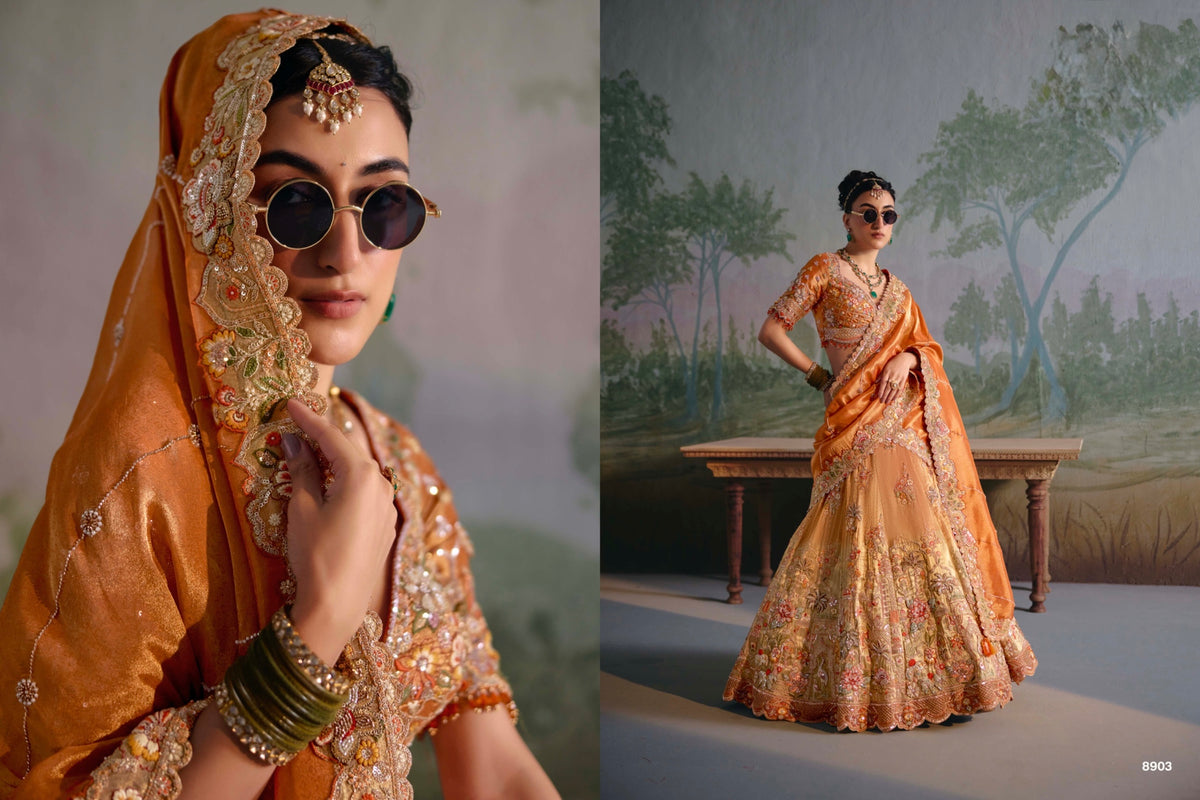8903 – Sunset Orange Floral Embroidered Bridal Lehenga Choli with Dupatta