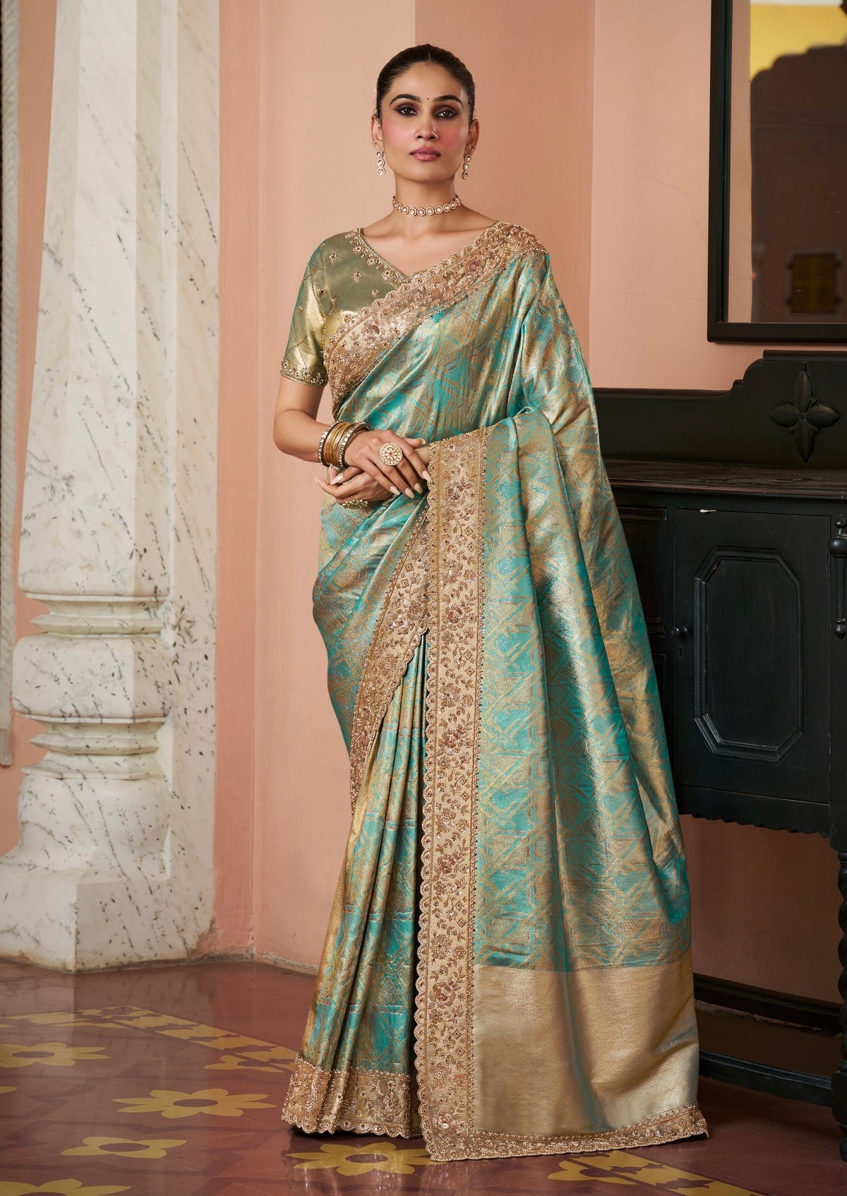 Teal Blue & Gold Zari Silk Saree
