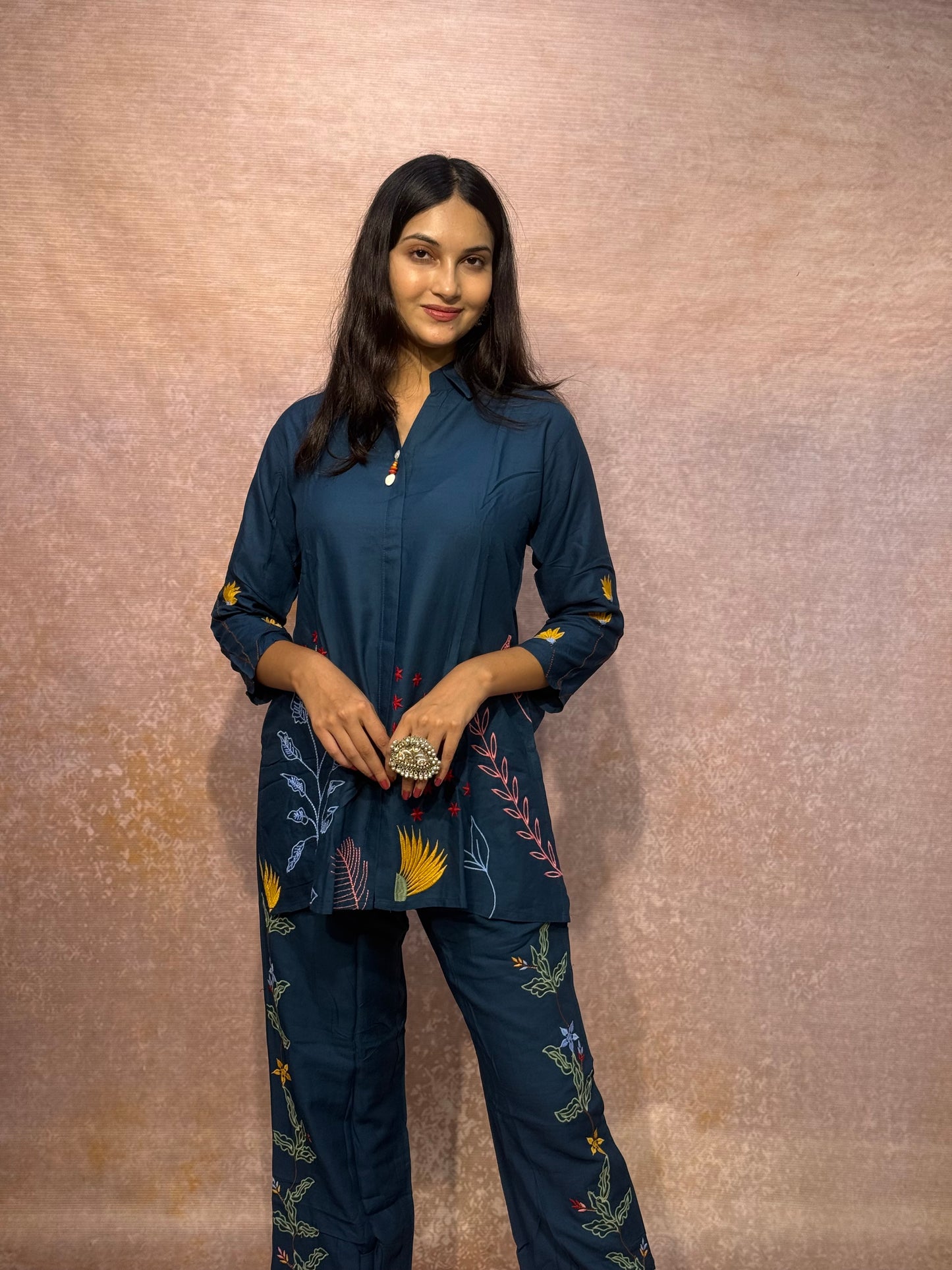 Floral Embroidered Navy Blue Cord Set