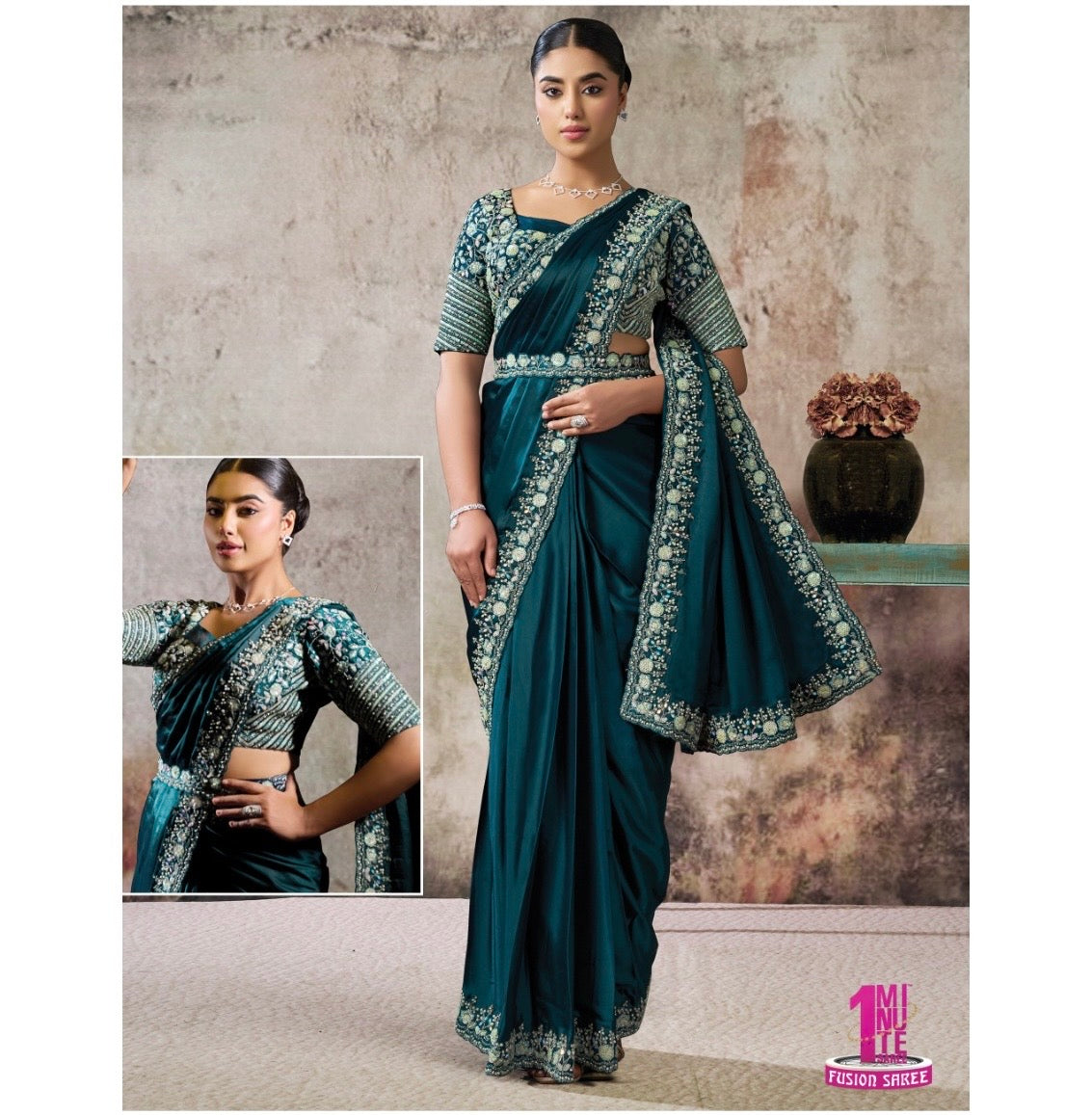 Emerald Teal One Minute Satin Silk Saree with Dual Sequence & Pearl Work
