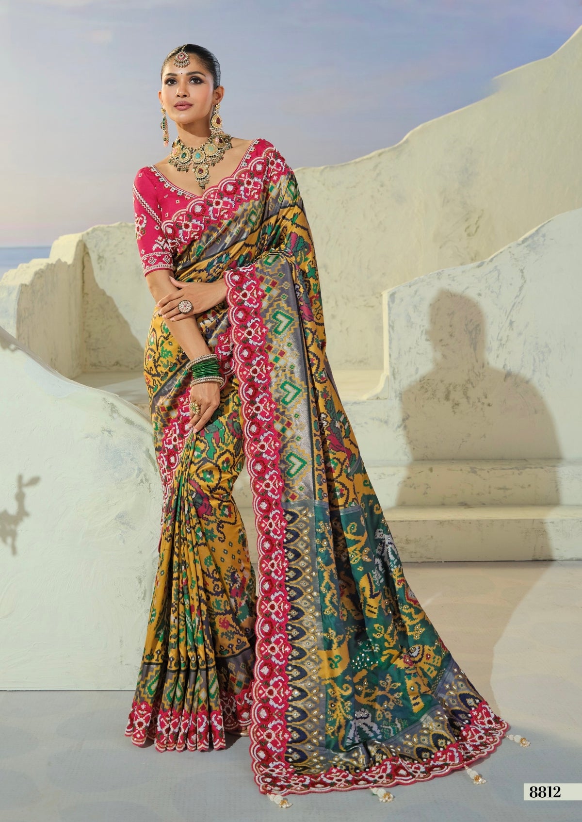 Multi-Hued Mustard & Teal Designer Saree with Scalloped Pink Border