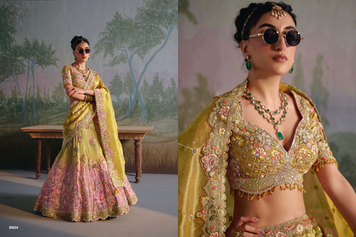 8904 – Olive Green & Pink Floral Embroidered Bridal Lehenga Set with Dupatta