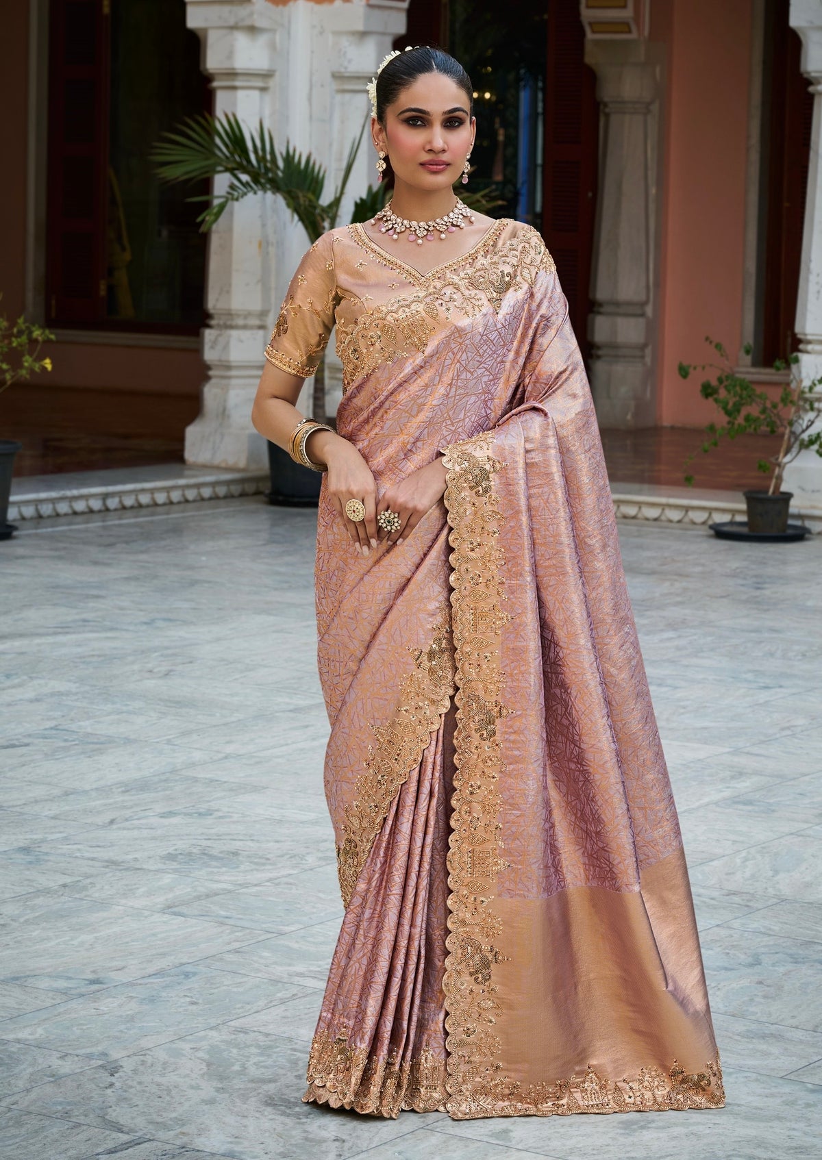 Dusty Mauve Pink Geometric Banarasi Saree