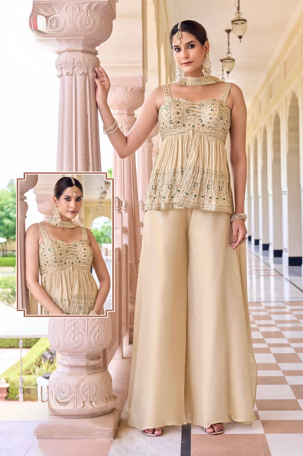 Elegant Beige Embroidered Palazzo Set for Festive Occasions