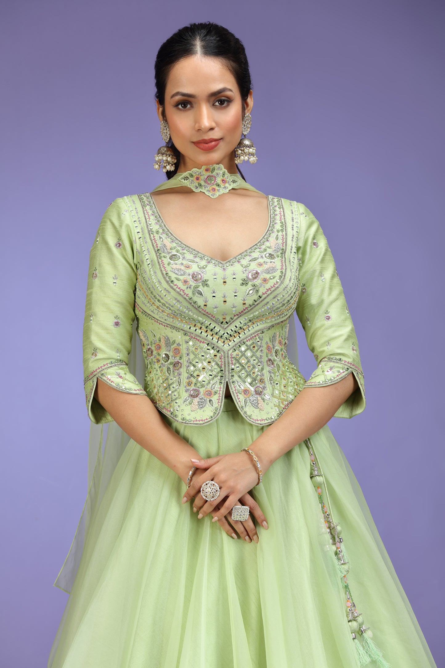 Pistachio Green Embroidered Anarkali Gown with Jacket & Dupatta
