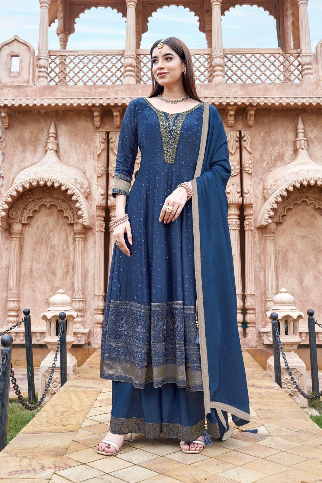 Regal Blue Palazzo Suit With Elegant Embroidery Detailing