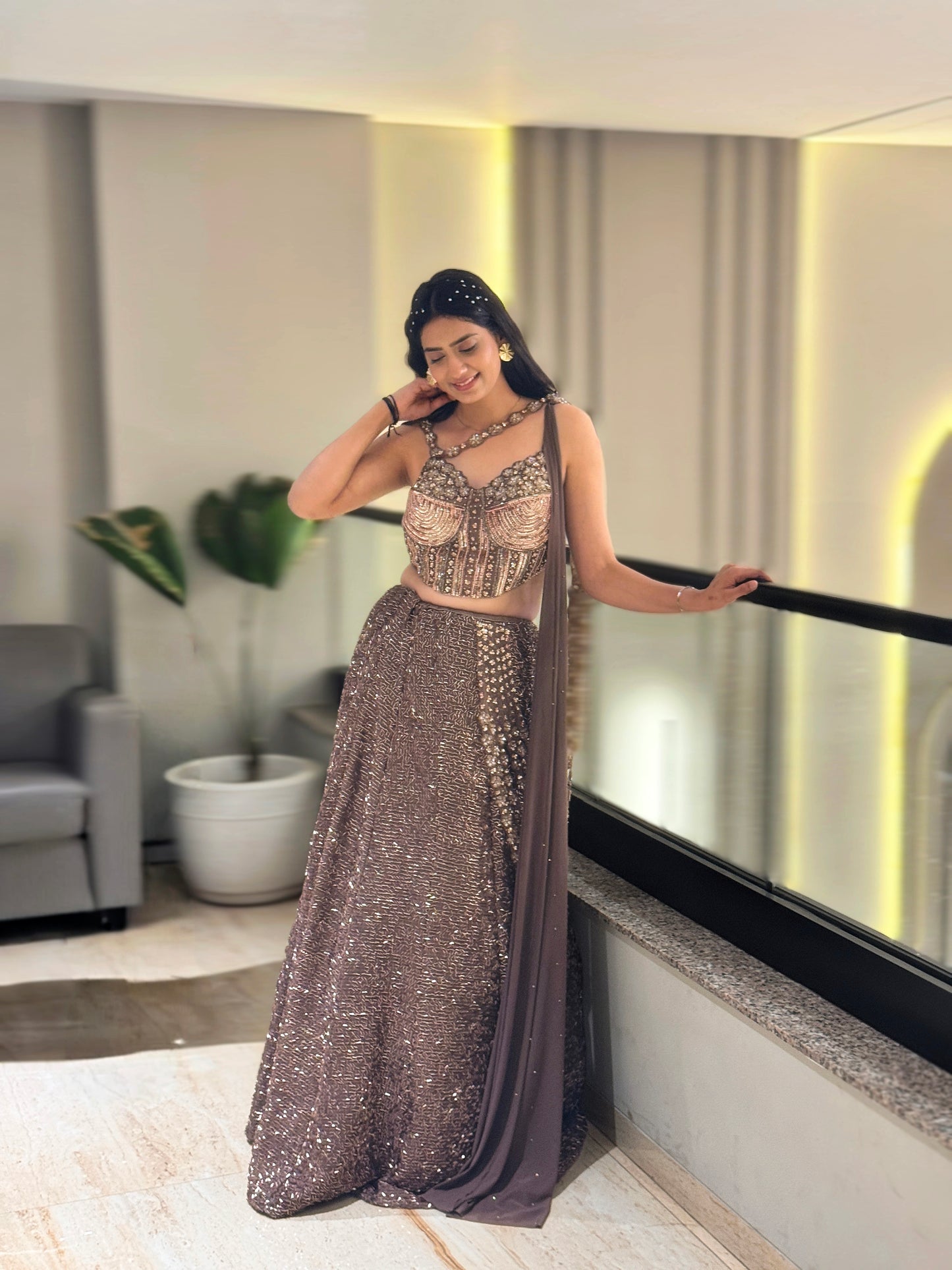 Mocha Glam Sequins Lehenga Set with Statement Blouse & Drape Dupatta