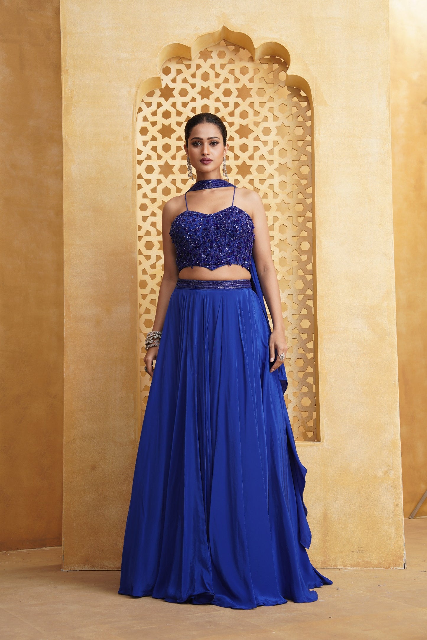Royal Blue Embroidered Crop Top Lehenga Set