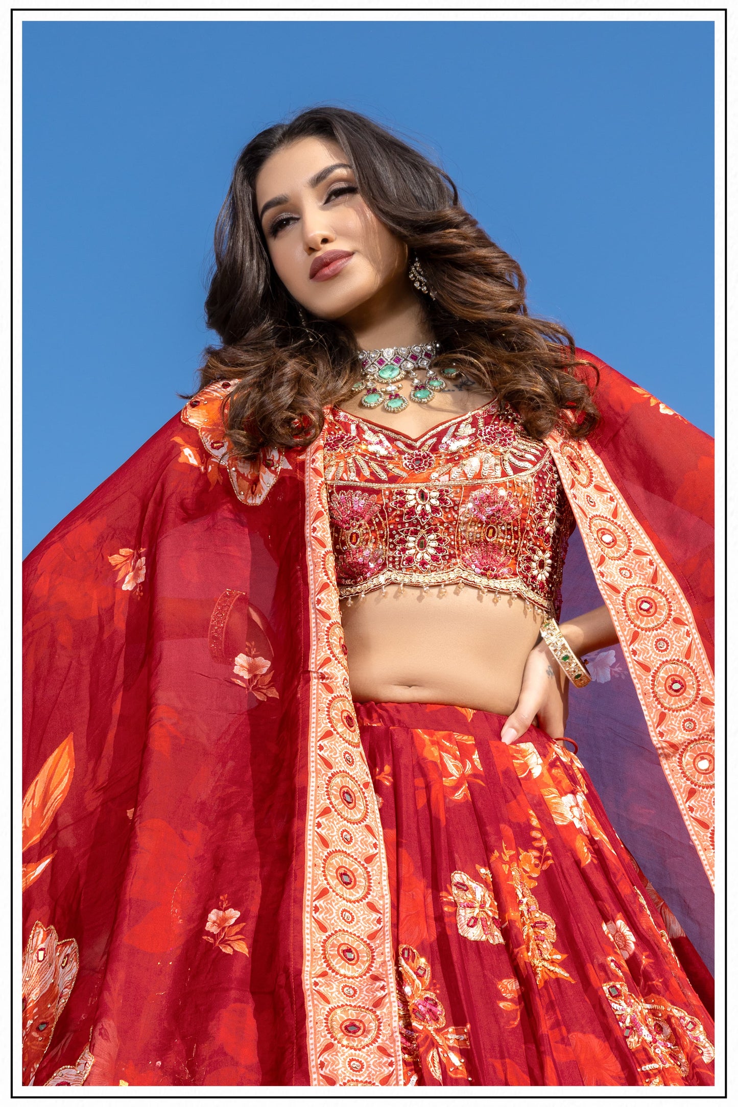 Minti Red Floral Designer Lehenga Set with Embroidered Blouse & Dupatta