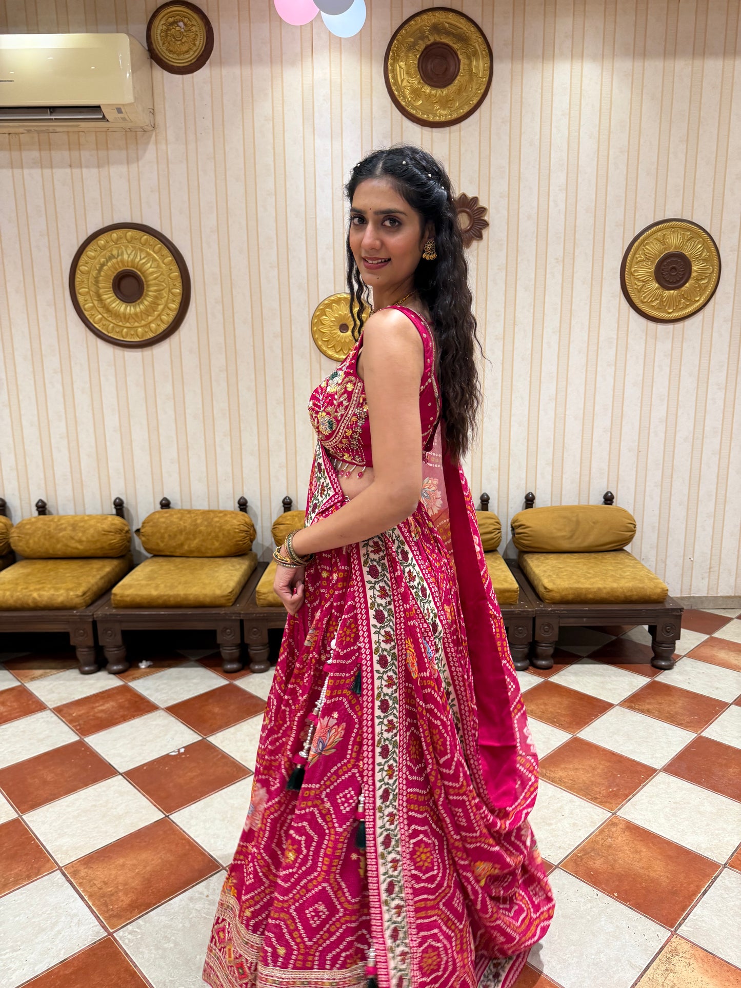 Pink Bandhani Print Lehenga Choli with Embroidered Blouse & Tassel Dupatta