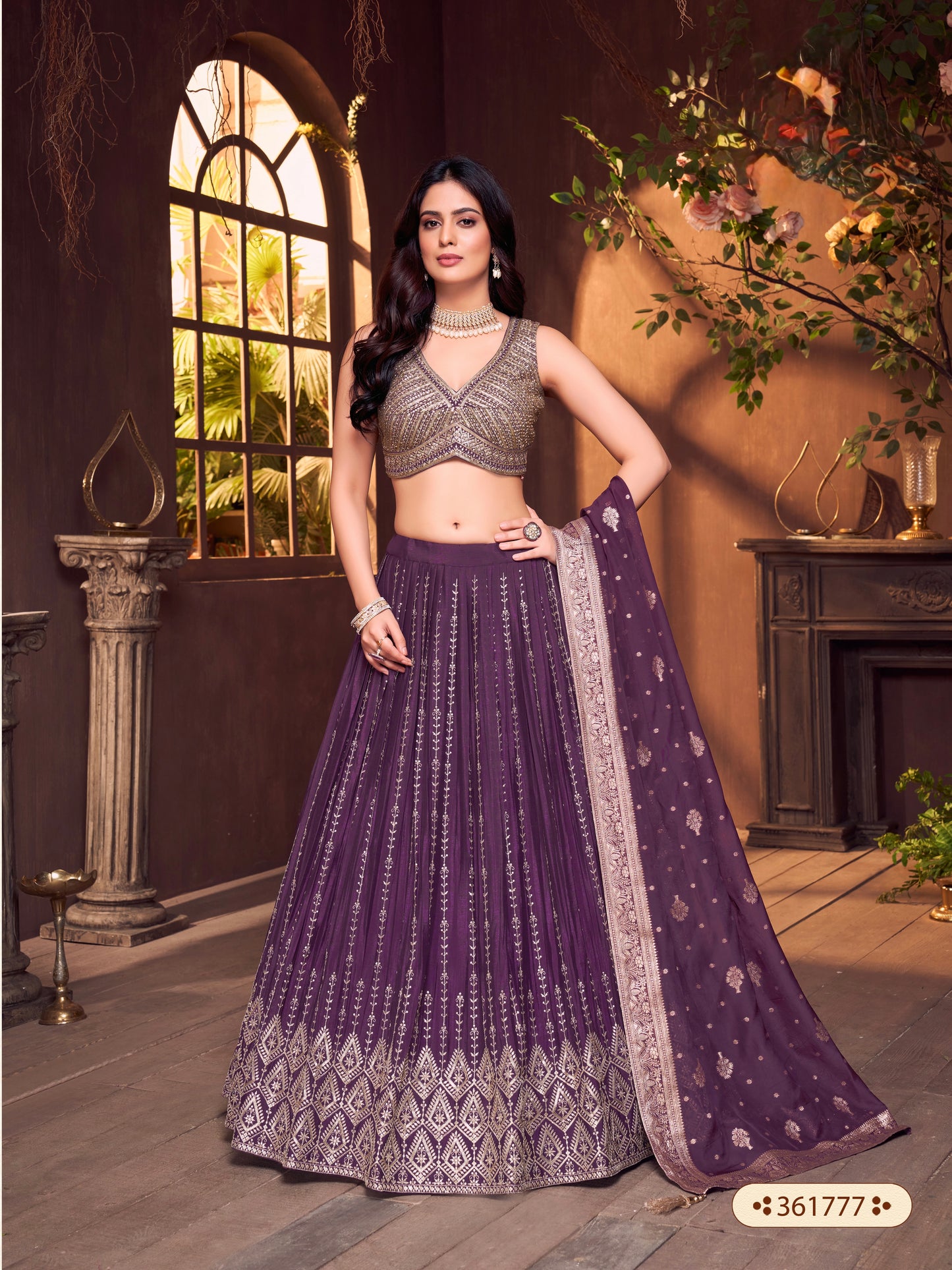 Wine Purple Embroidered Lehenga Choli Set with Dupatta