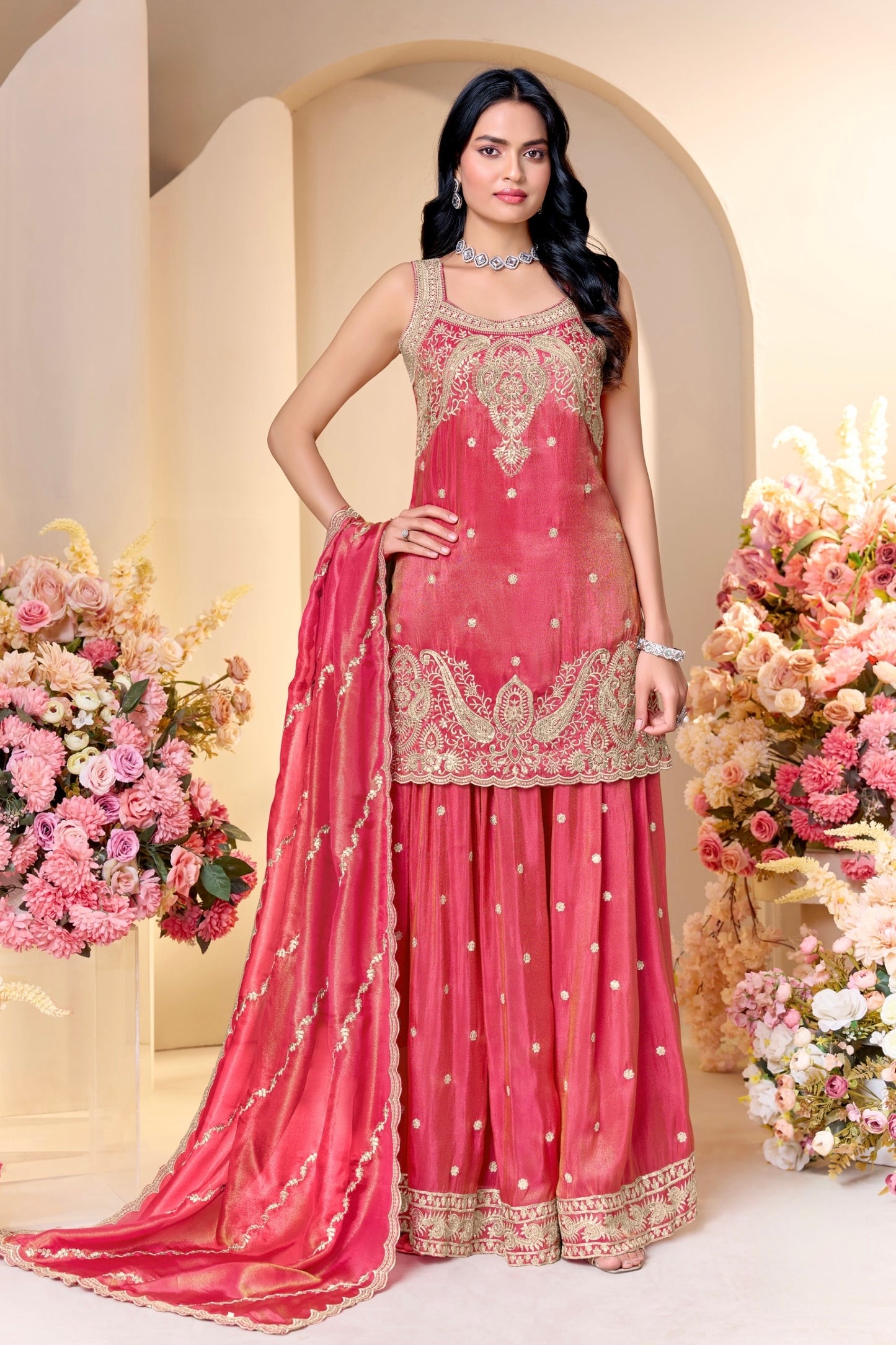 Luxury Ethnic Kurta Set with Palazzo & Embroidered Dupatta