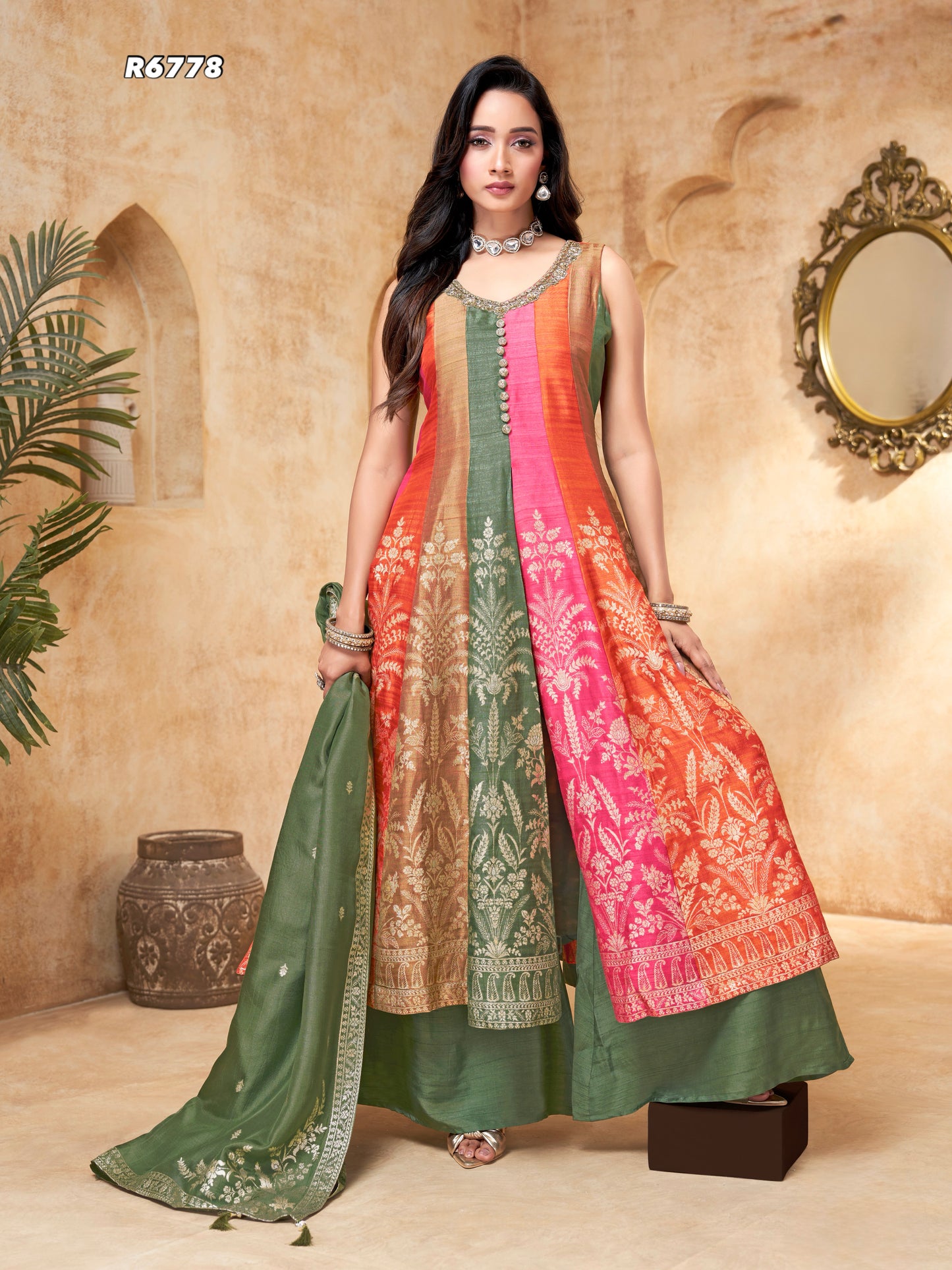 Multicolor Banarasi Panel Anarkali Set with Green Dupatta