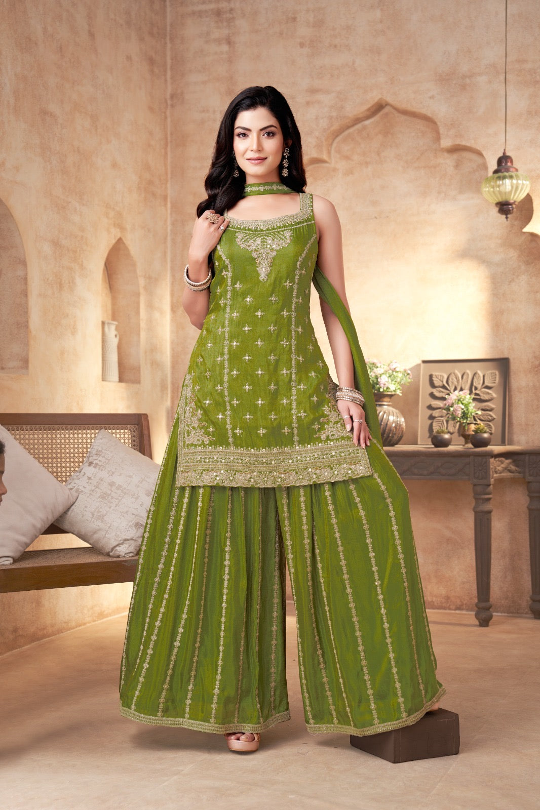 Elegant Embroidered Kurti Sharara Set with Dupatta
