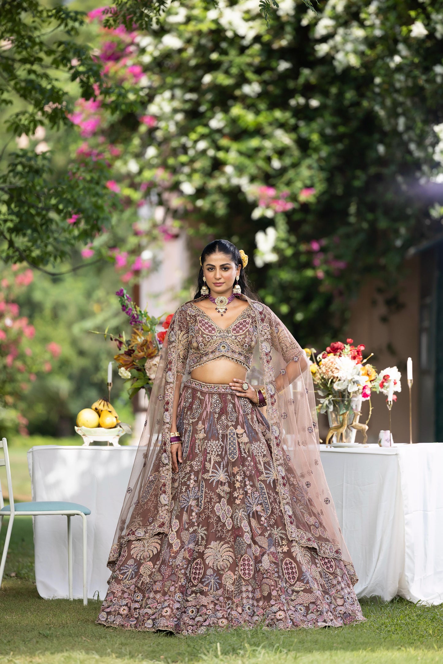 Dusty Rose Heavy Embroidered Bridal Lehenga Set with Net Dupatta