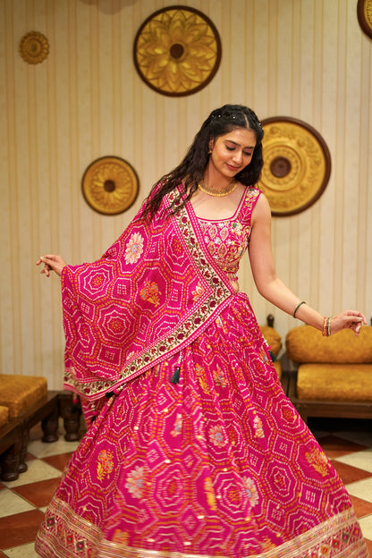 Pink Bandhani Print Lehenga Choli with Embroidered Blouse & Tassel Dupatta
