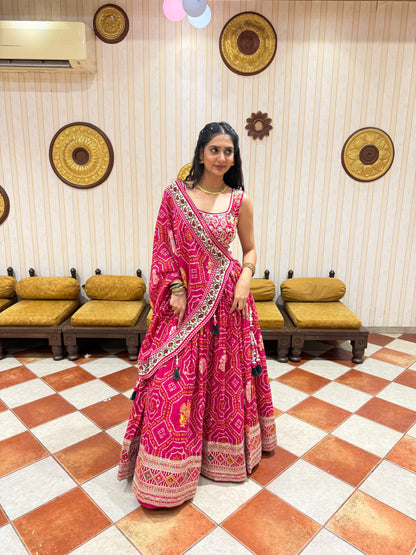 Pink Bandhani Print Lehenga Choli with Embroidered Blouse & Tassel Dupatta