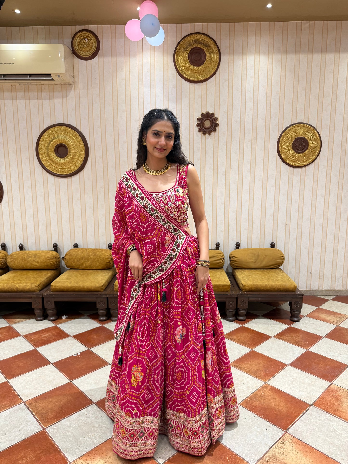 Pink Bandhani Print Lehenga Choli with Embroidered Blouse & Tassel Dupatta