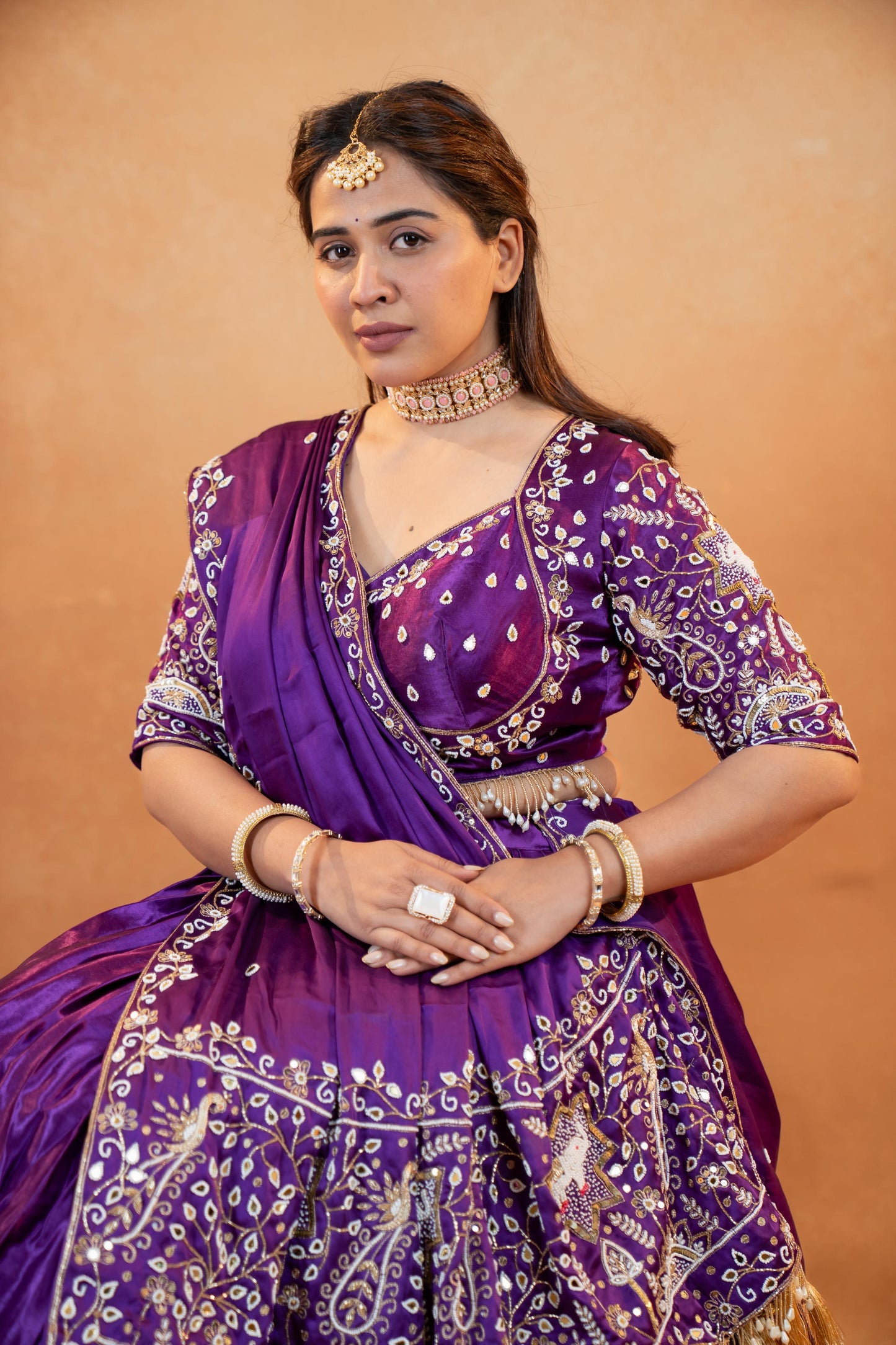 Royal Purple Gaji Silk Lehenga Set with Embroidered Blouse & Dupatta
