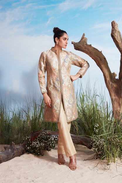 Pastel Gold Embroidered Long Jacket Set