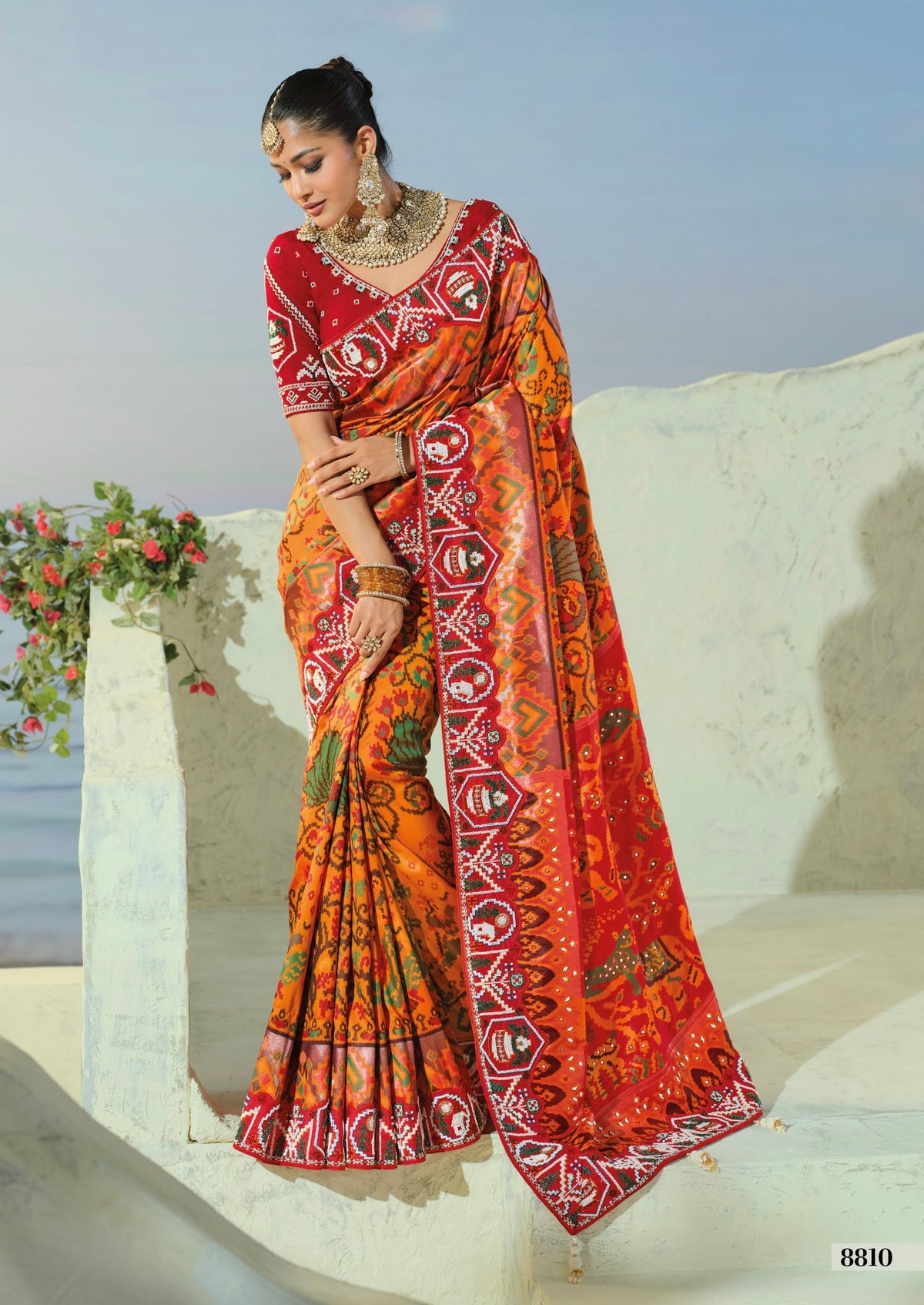 Sunset Glow Orange & Red Festive Weave Saree