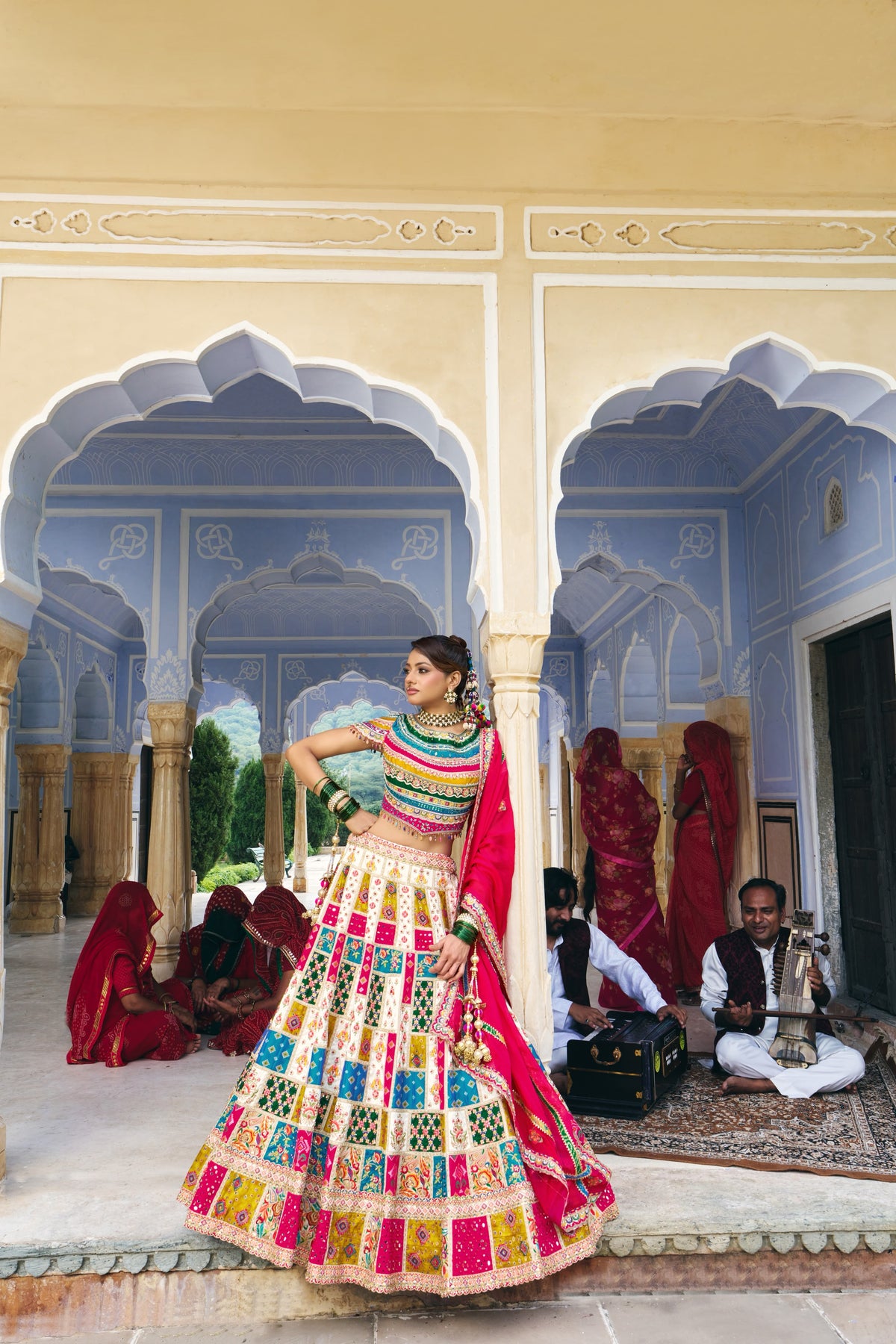 Royal Multicolour Patchwork Bridal Lehenga with Fuchsia Pink Dupatta