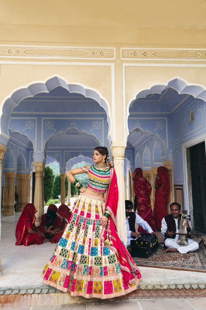 Royal Multicolour Patchwork Bridal Lehenga with Fuchsia Pink Dupatta