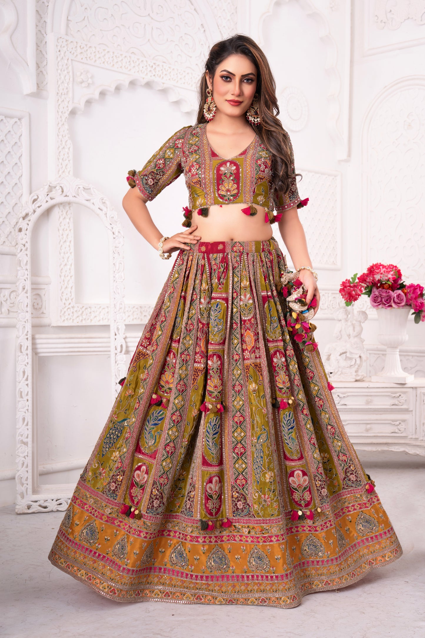 Traditional Multi-Color Gujarati Embroidered Lehenga Choli with Tassel Detailing – Festive Wear