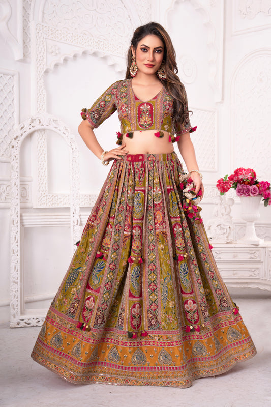 Traditional Multi-Color Gujarati Embroidered Lehenga Choli with Tassel Detailing – Festive Wear