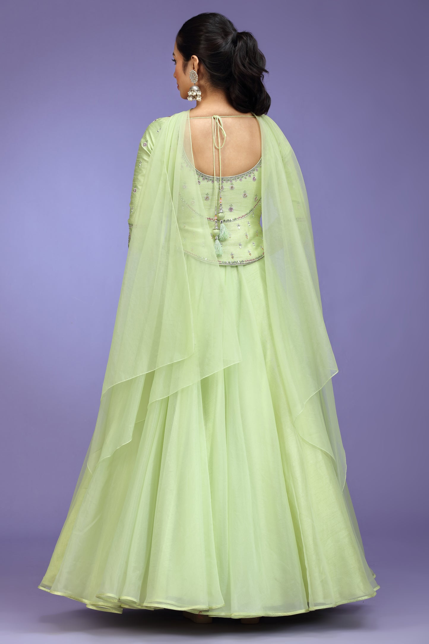 Pistachio Green Embroidered Anarkali Gown with Jacket & Dupatta