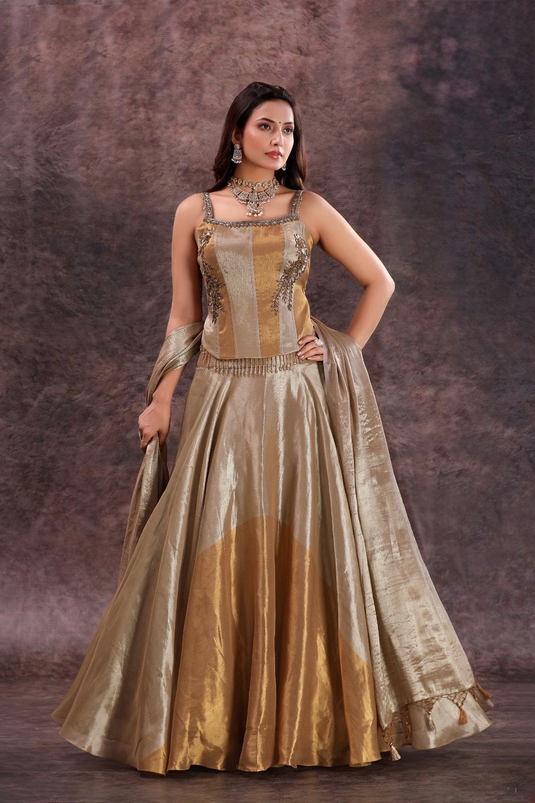✨ Elegant Gold Tissue Lehenga Set ✨