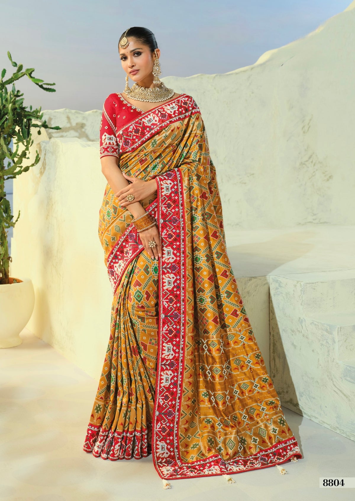 Golden Mustard Traditional Patola-Style Silk Saree