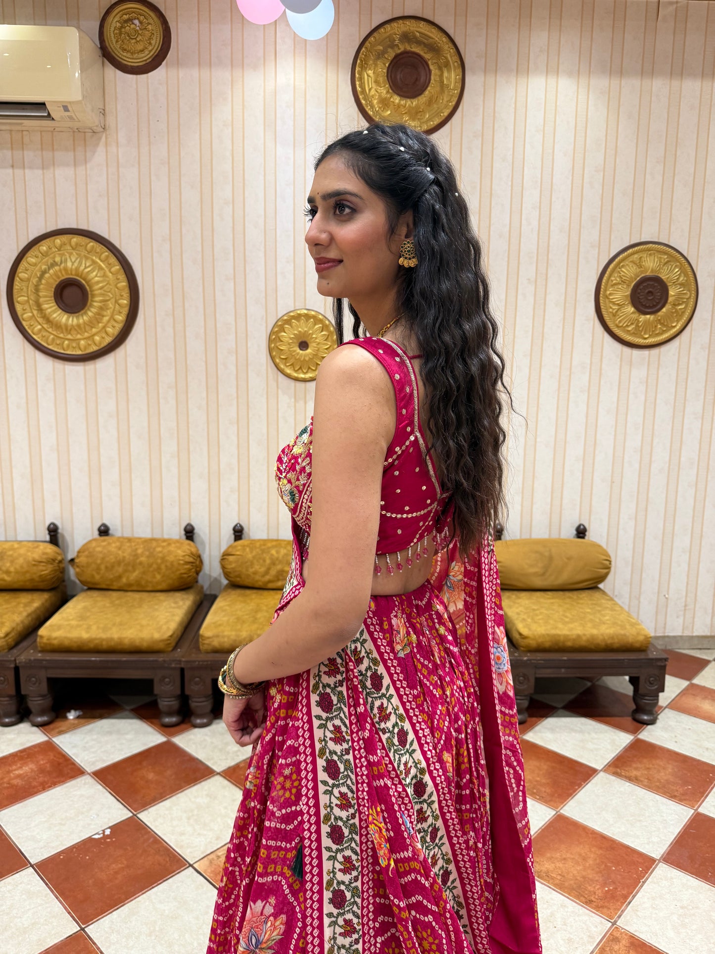 Pink Bandhani Print Lehenga Choli with Embroidered Blouse & Tassel Dupatta