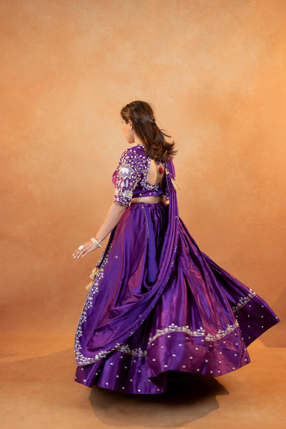 Royal Purple Gaji Silk Lehenga Set with Embroidered Blouse & Dupatta