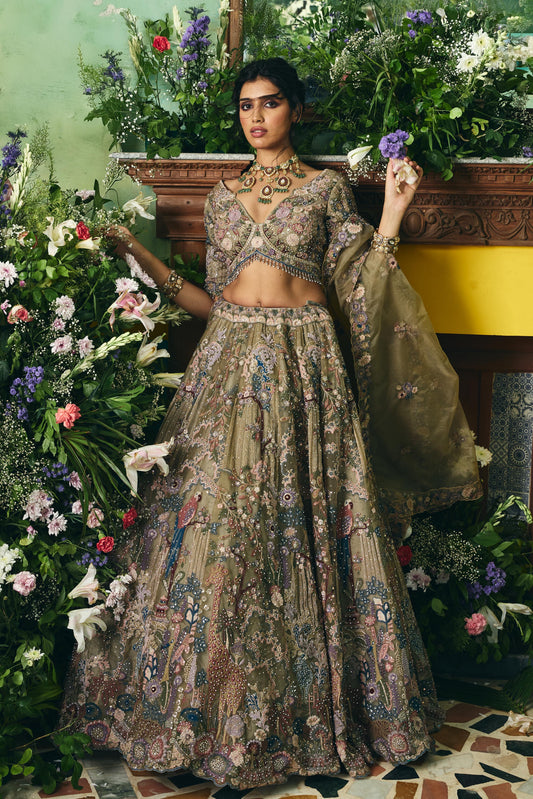 Olive Embroidered Bridal Lehenga Set