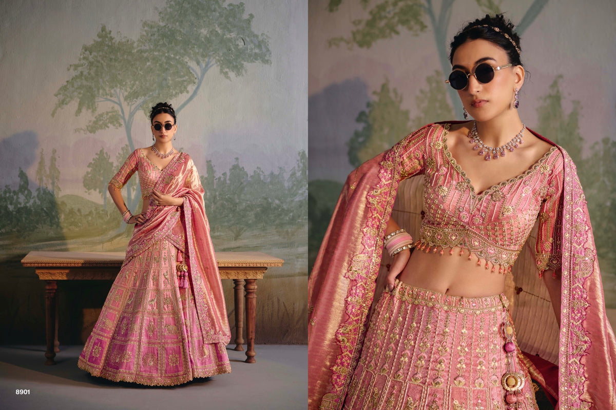 8901 – Blush Pink Geometric Embroidered Designer Lehenga Set with Dupatta