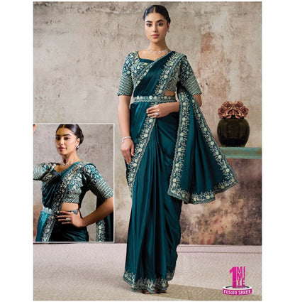 Emerald Teal One Minute Satin Silk Saree with Dual Sequence & Pearl Work