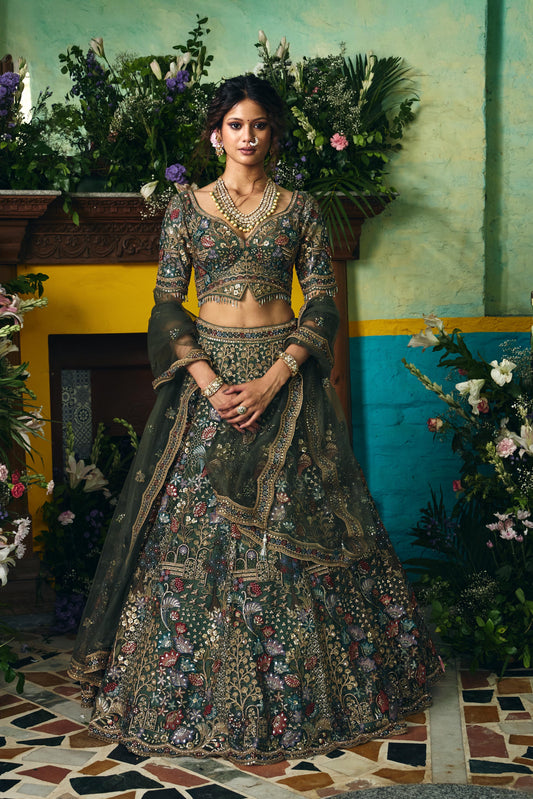 Emerald Heritage Embroidered Bridal Lehenga Set
