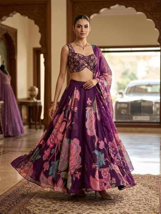 Royal Purple Floral Printed Designer Lehenga Set