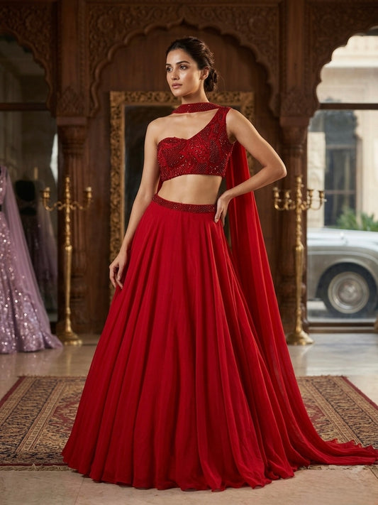 Radiant Red One-Shoulder Designer Lehenga Set