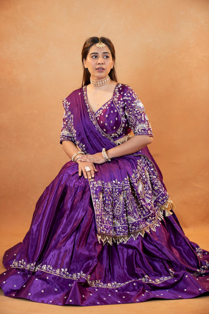 Royal Purple Gaji Silk Lehenga Set with Embroidered Blouse & Dupatta