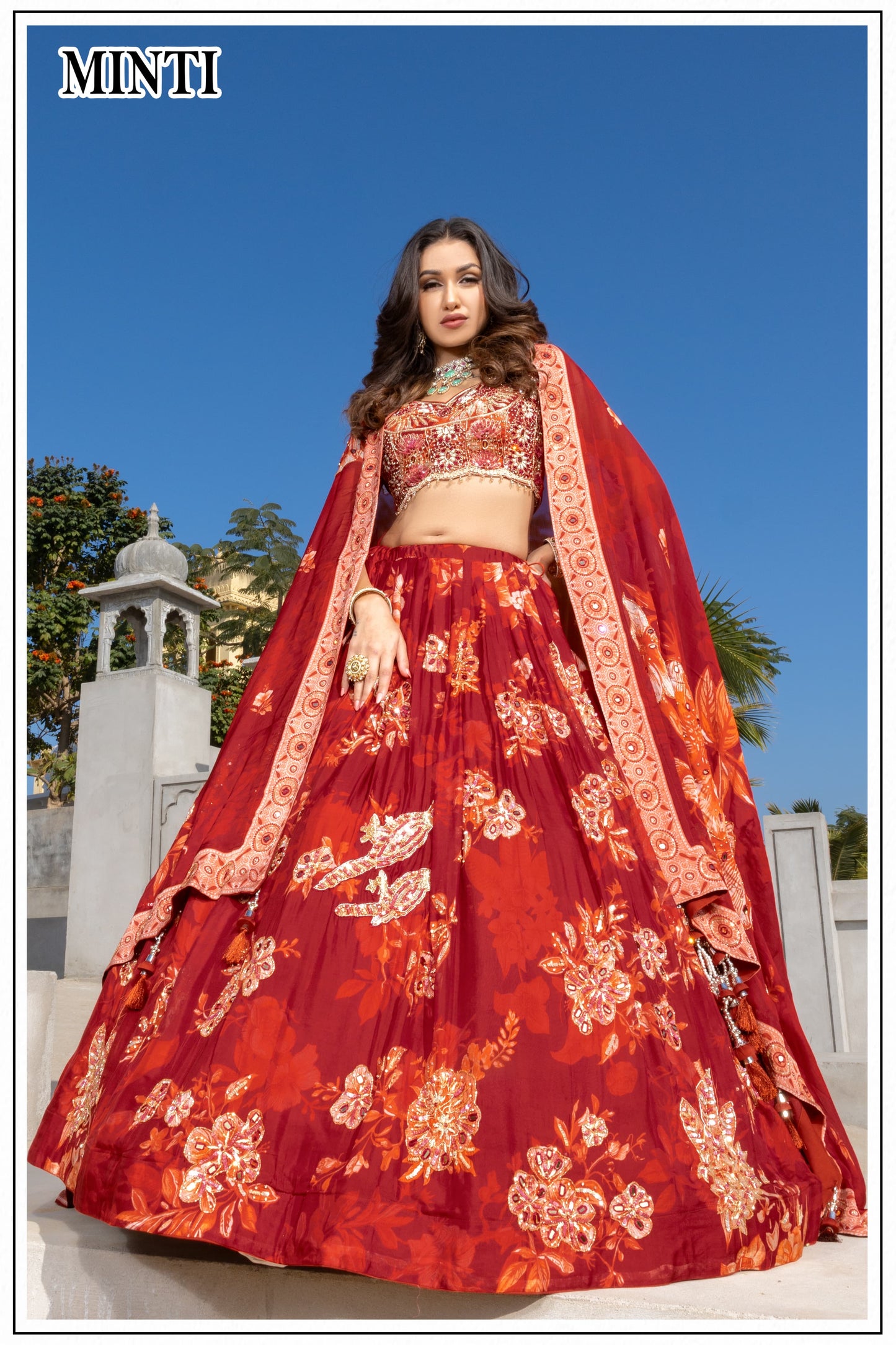 Minti Red Floral Designer Lehenga Set with Embroidered Blouse & Dupatta