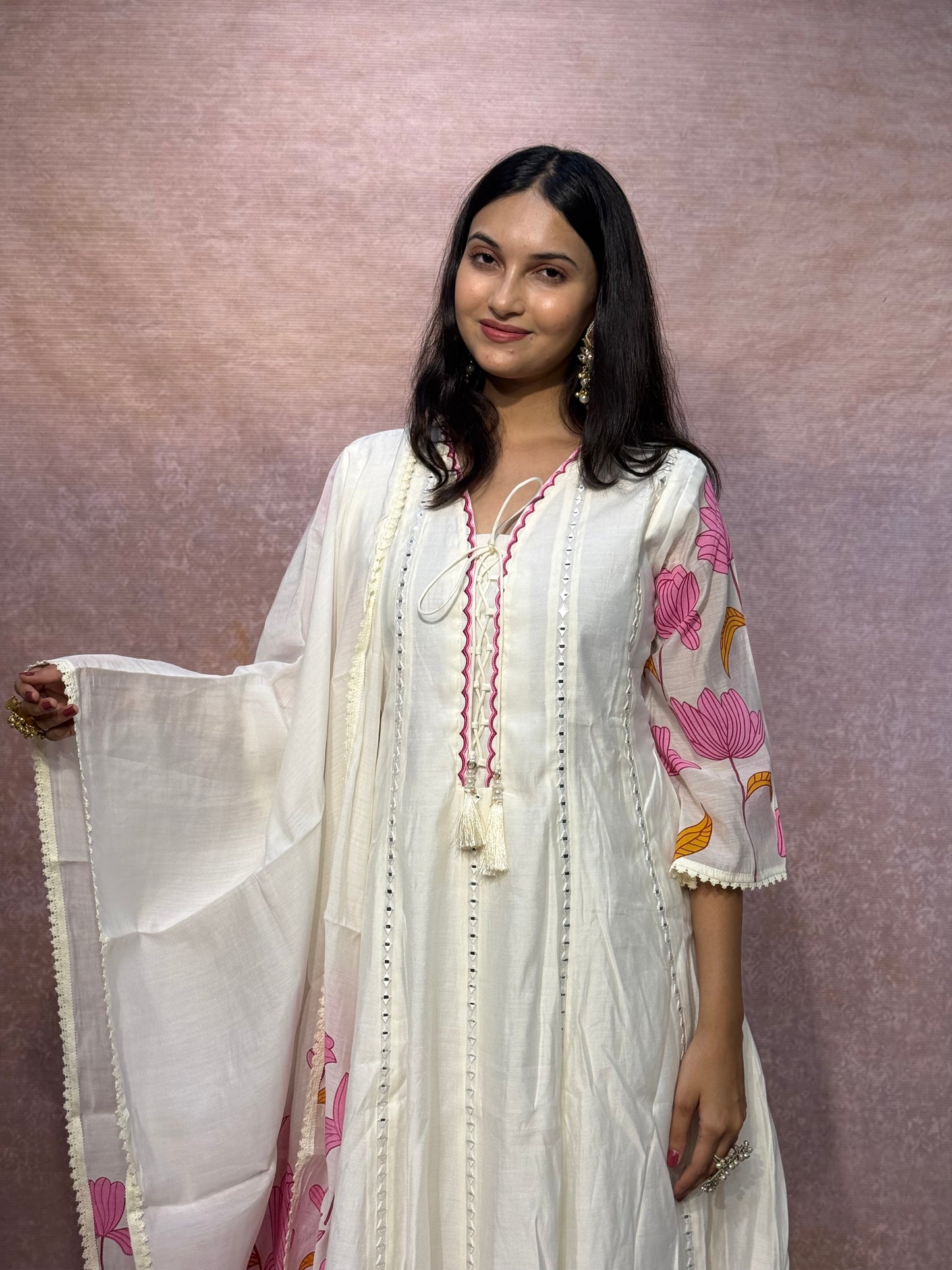 Ivory Floral Printed Anarkali Kurta Set with Dupatta