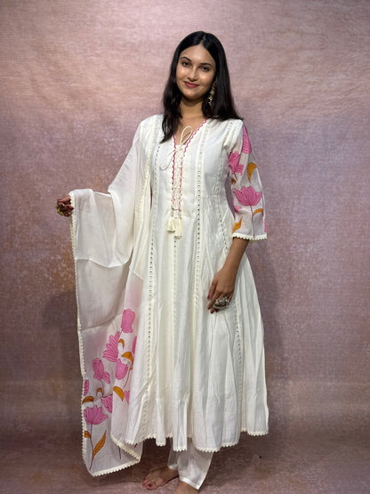 Ivory Floral Printed Anarkali Kurta Set with Dupatta