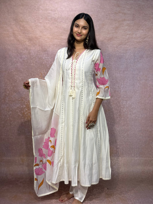 Ivory Floral Printed Anarkali Kurta Set with Dupatta