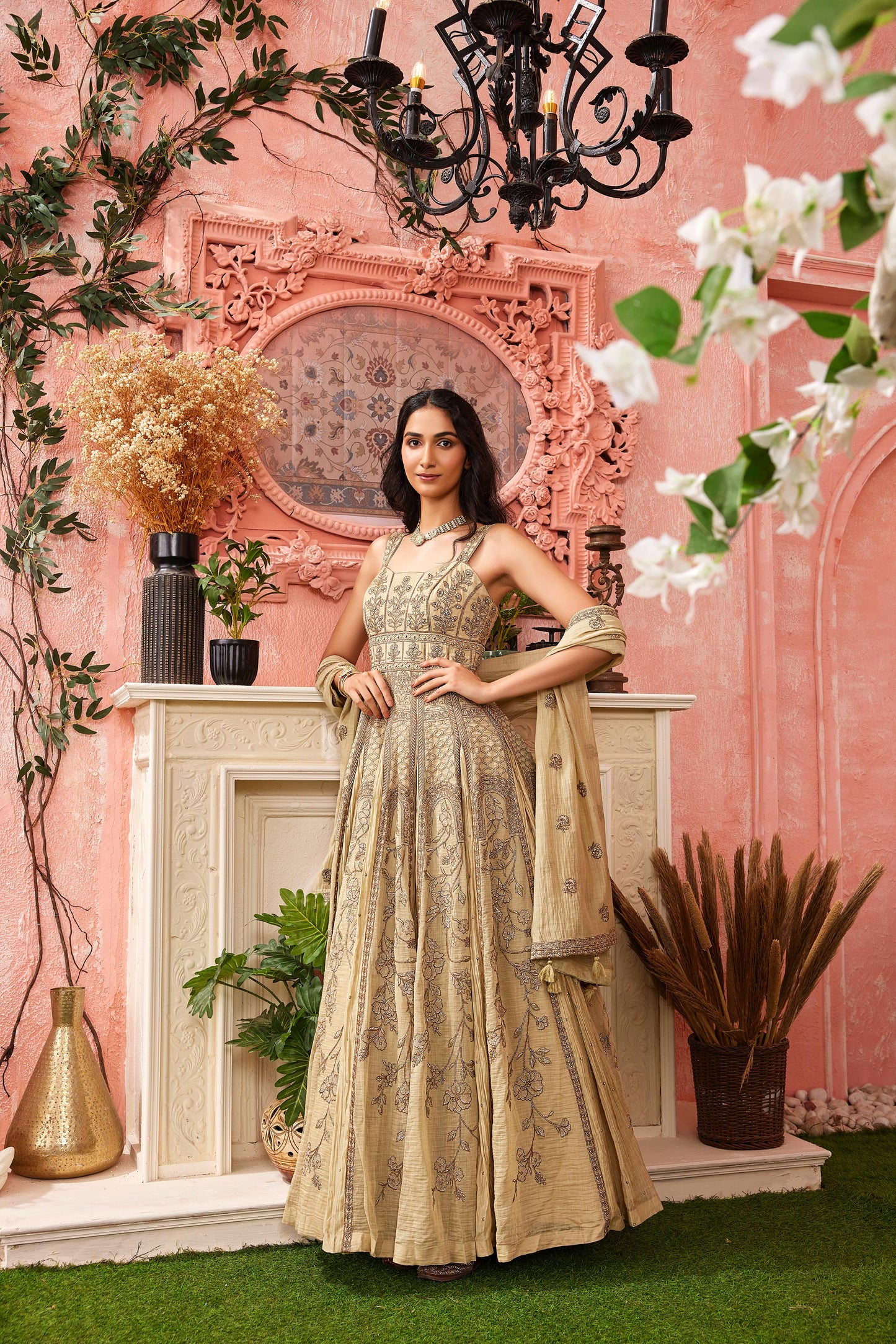 Beige Gold Embroidered Sleeveless Anarkali Set with Dupatta
