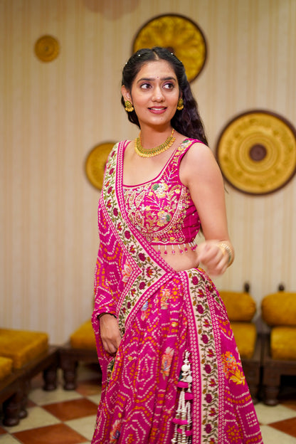Pink Bandhani Print Lehenga Choli with Embroidered Blouse & Tassel Dupatta