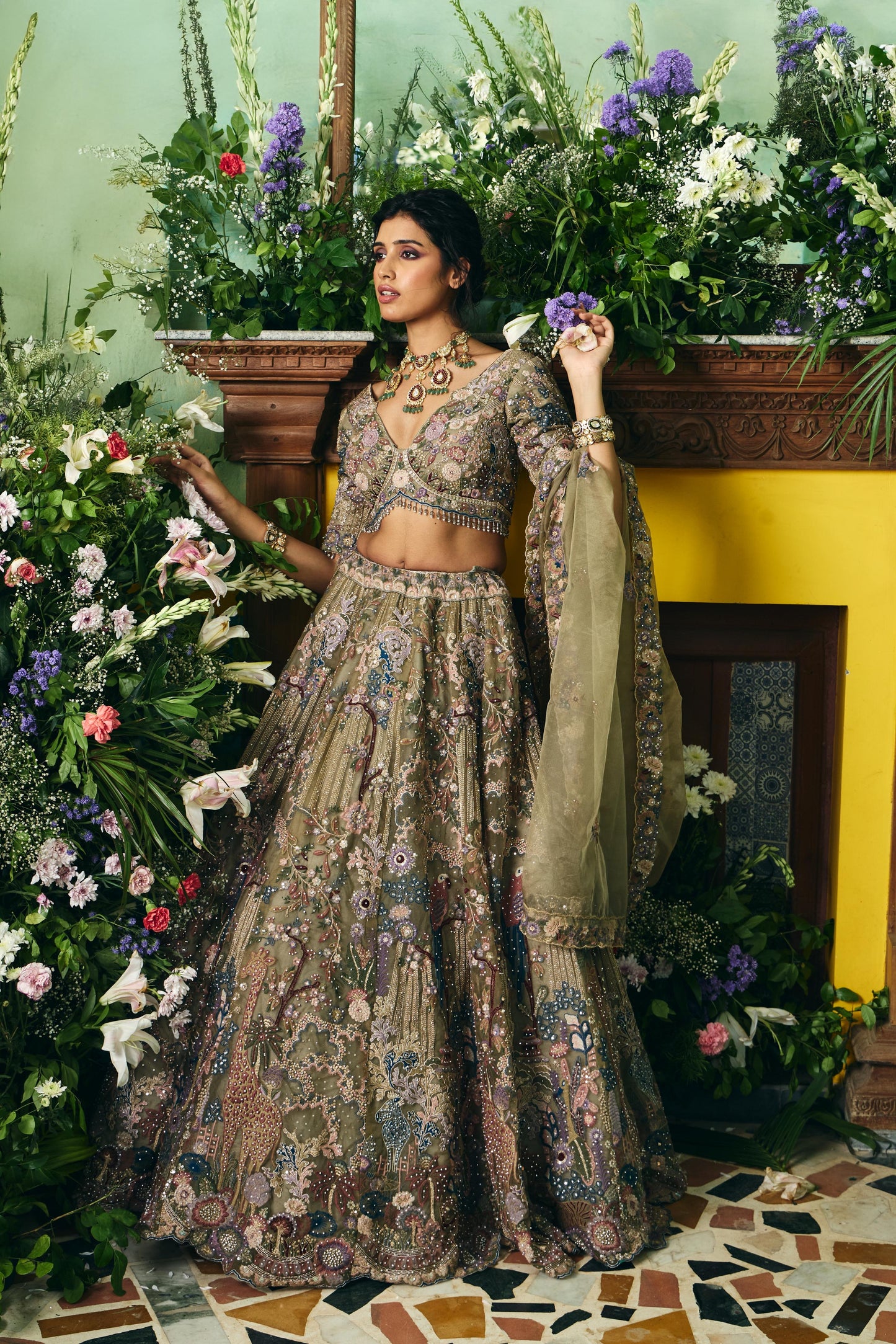 Olive Embroidered Bridal Lehenga Set